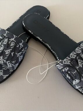 DKNY Denim and Silver Logo Slide Sandals